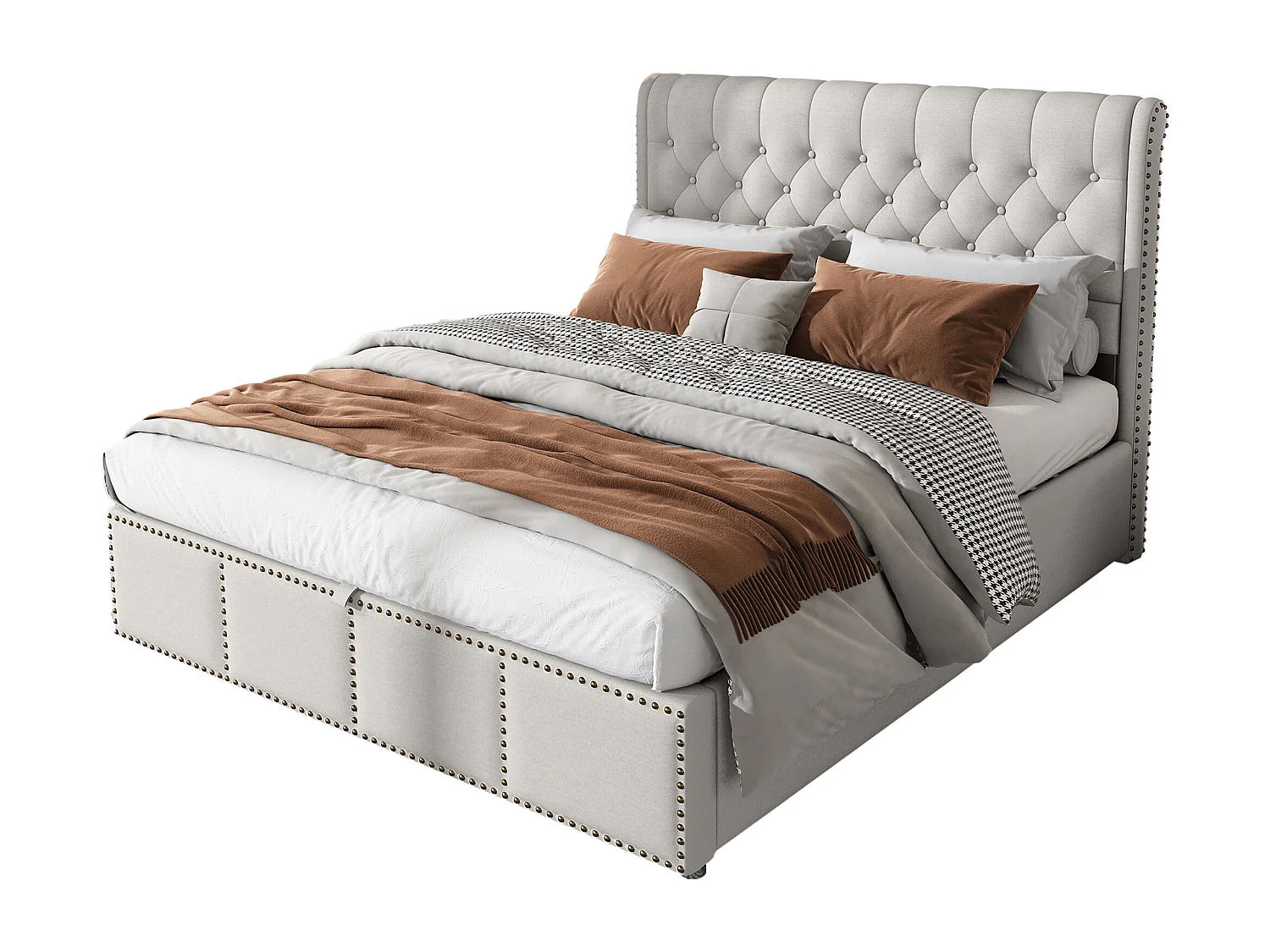 Lit coffre 160x200 cm, tête de lit rembourrée, rangement intégré, détails cloutés, lin gris (Sans matelas)