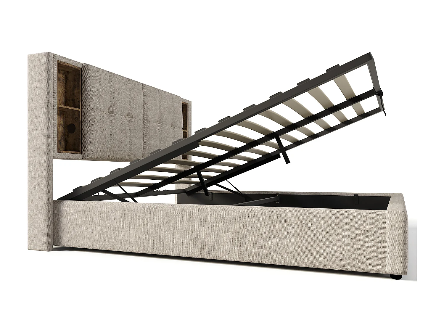 Lit coffre 140x200 cm avec chargement sans fil, rangements et ports USB C, en lin naturel (Avec matelas)