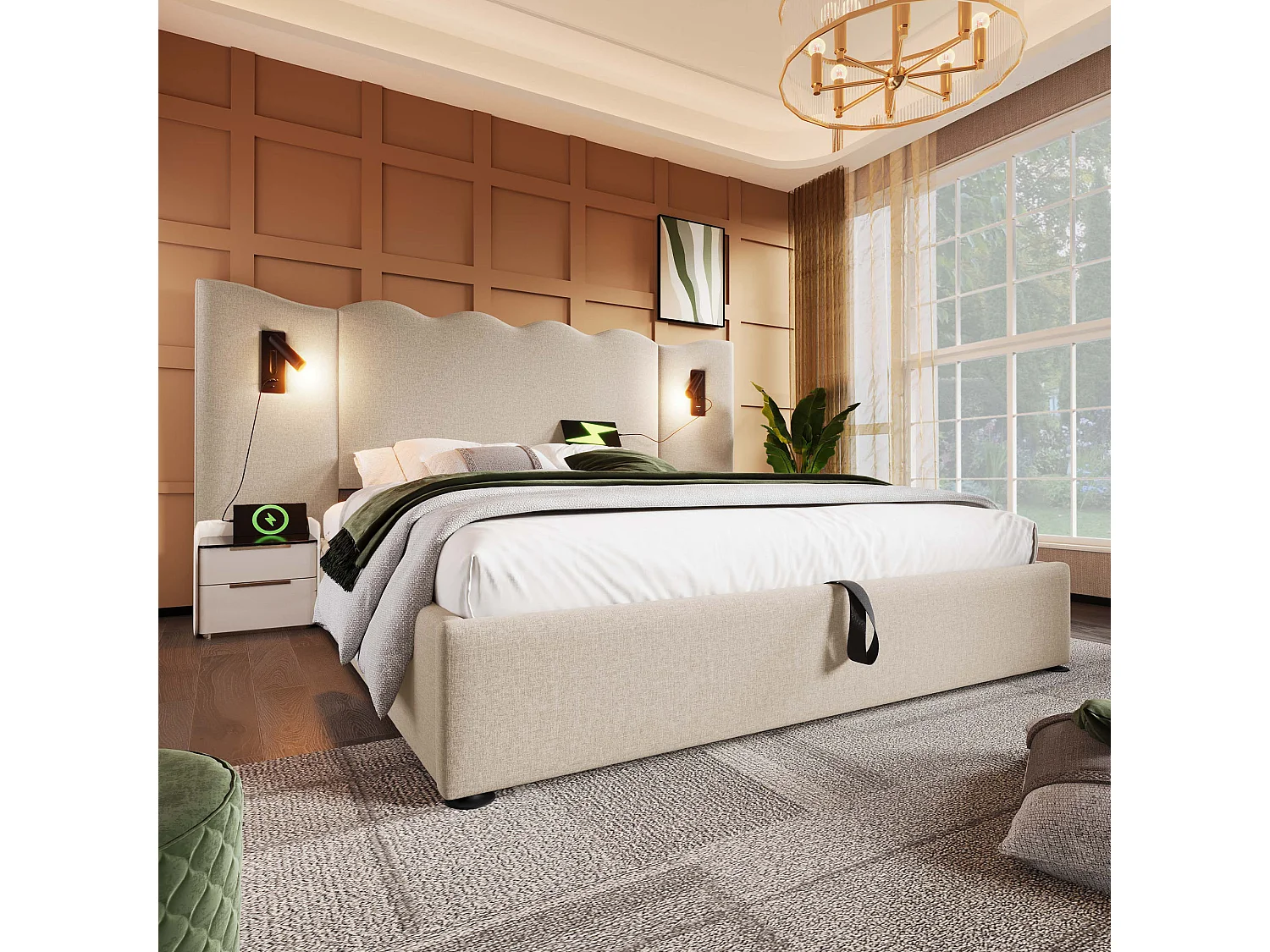 Lit coffre 180x200 cm avec tête de lit ondulée, lampe rotative, USB et Type C, lin beige (Sans matelas)