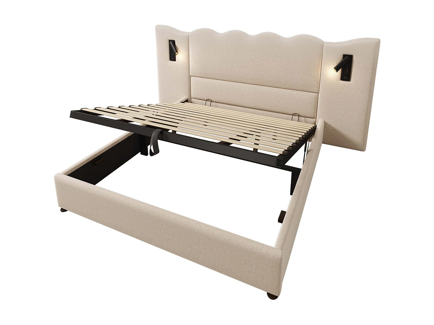 Lit coffre 180x200 cm avec tête de lit ondulée, lampe rotative, USB et Type C, lin beige (Sans matelas)