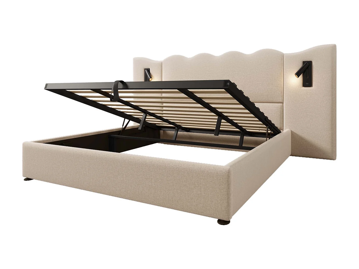 Lit coffre 180x200 cm avec tête de lit ondulée, lampe rotative, USB et Type C, lin beige (Sans matelas)