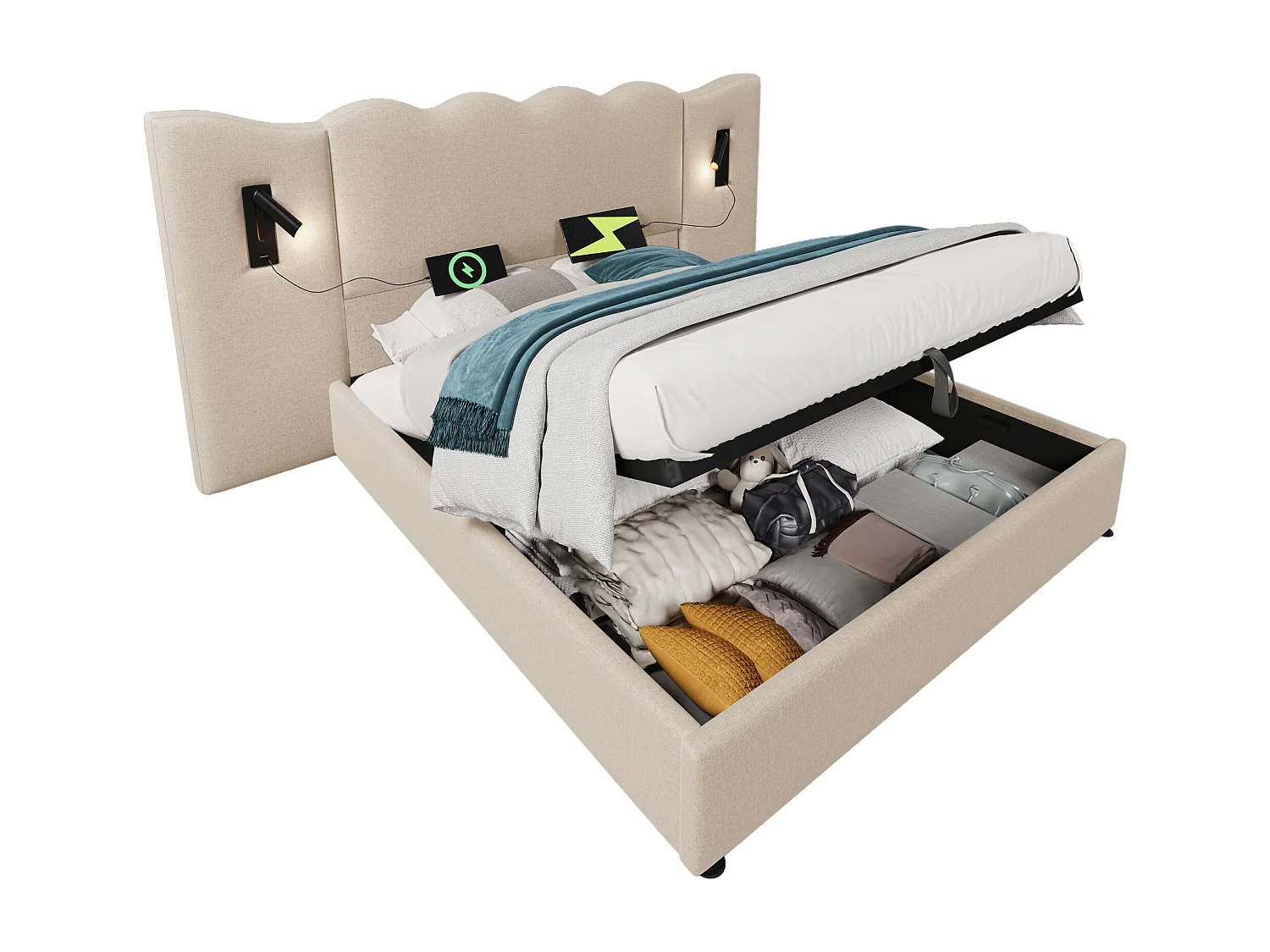 Lit coffre 180x200 cm avec tête de lit ondulée, lampe rotative, USB et Type C, lin beige (Sans matelas)