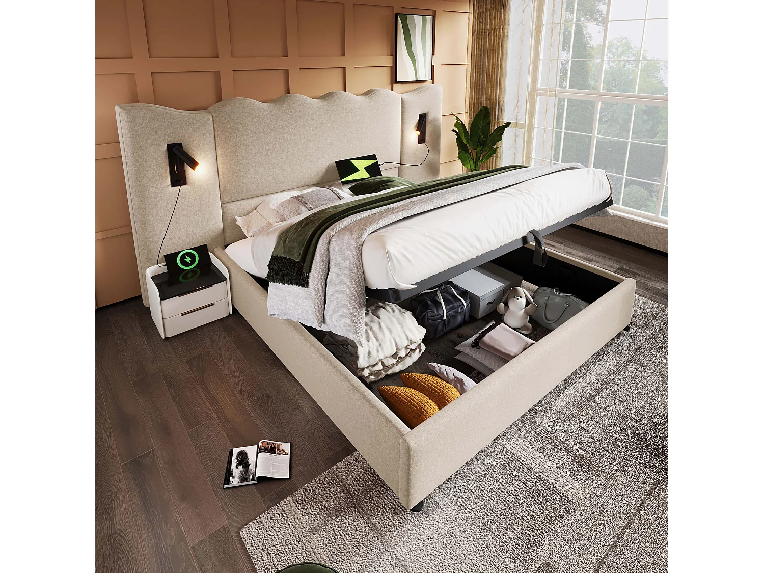 Lit coffre 180x200 cm avec tête de lit ondulée, lampe rotative, USB et Type C, lin beige (Sans matelas)