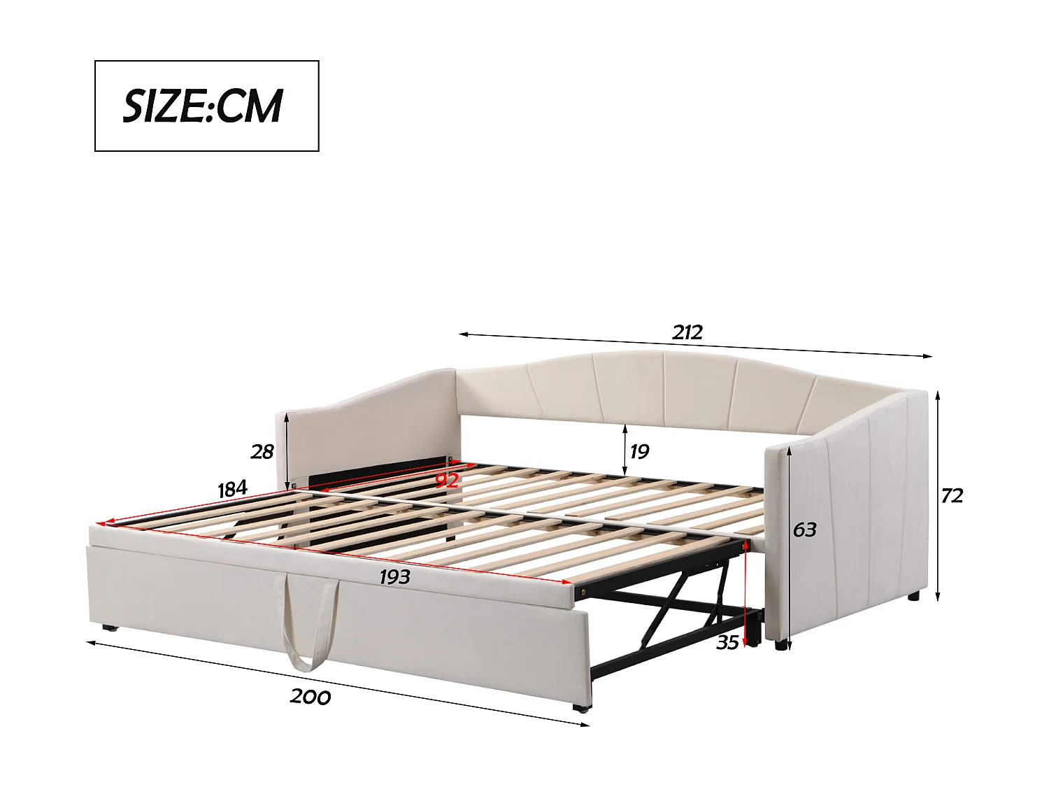 Lit banquette 90x200cm avec Sommier à lattes extensible accoudoirs en beige pour Adulte et adolescent