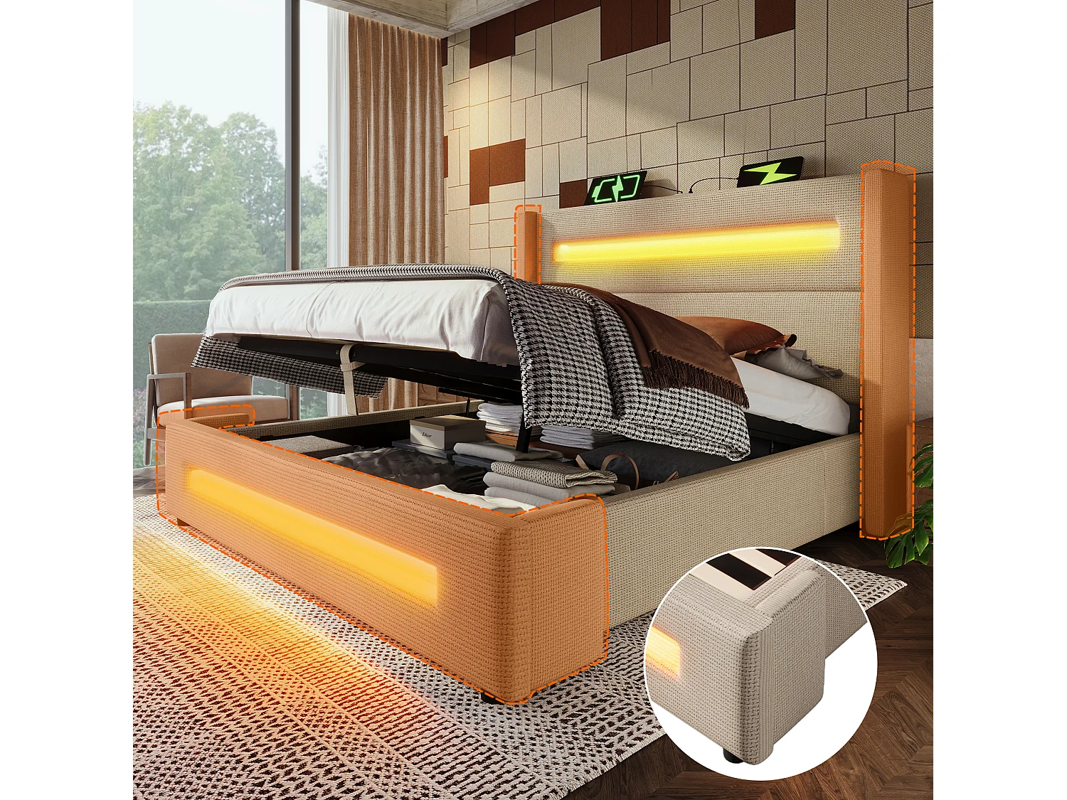 Lit Coffre 140x200cm avec LED USB espace de rangement sommier en bois en beige pour adultes et enfants et adolescents