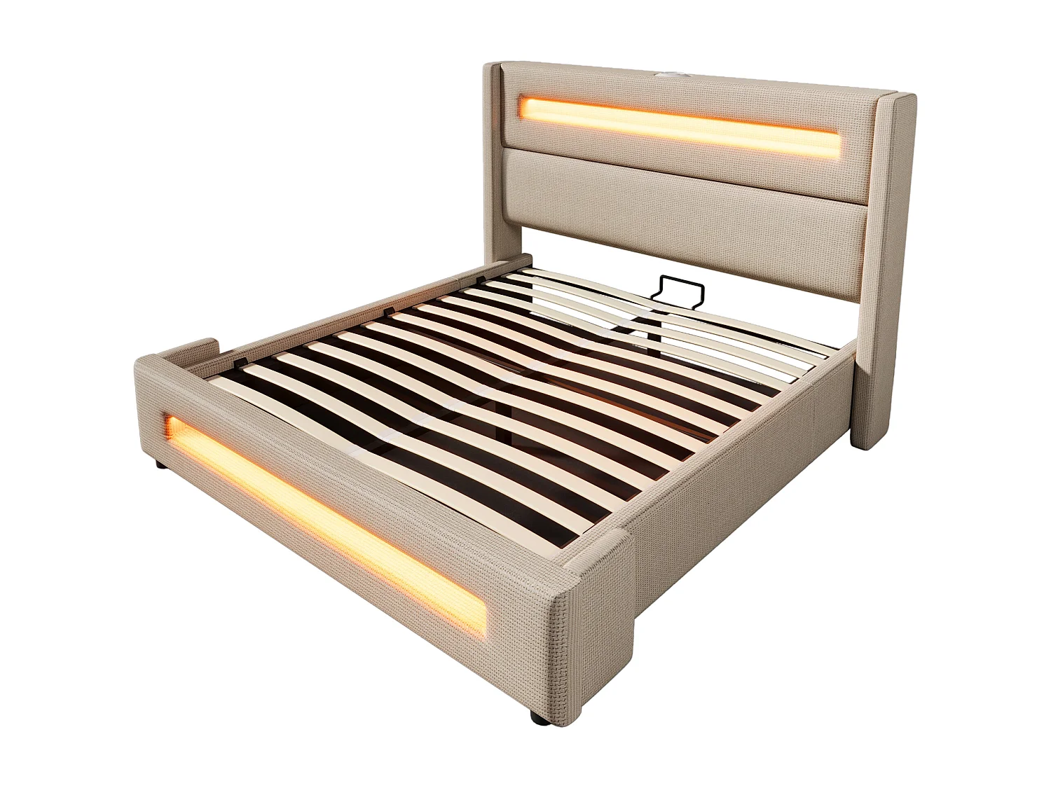 Lit coffre 140x200 cm avec rangement hydraulique, LED et ports USB Type C en lin beige (Sans matelas)