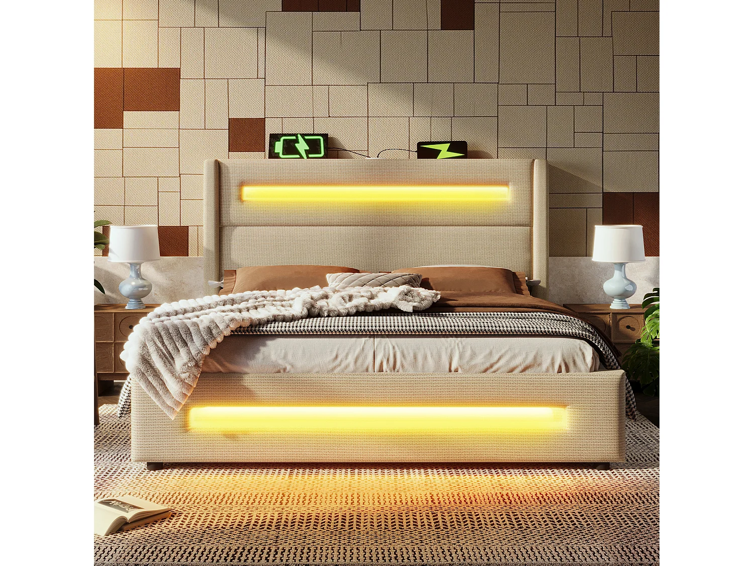 Lit coffre 140x200 cm avec rangement hydraulique, LED et ports USB Type C en lin beige (Sans matelas)