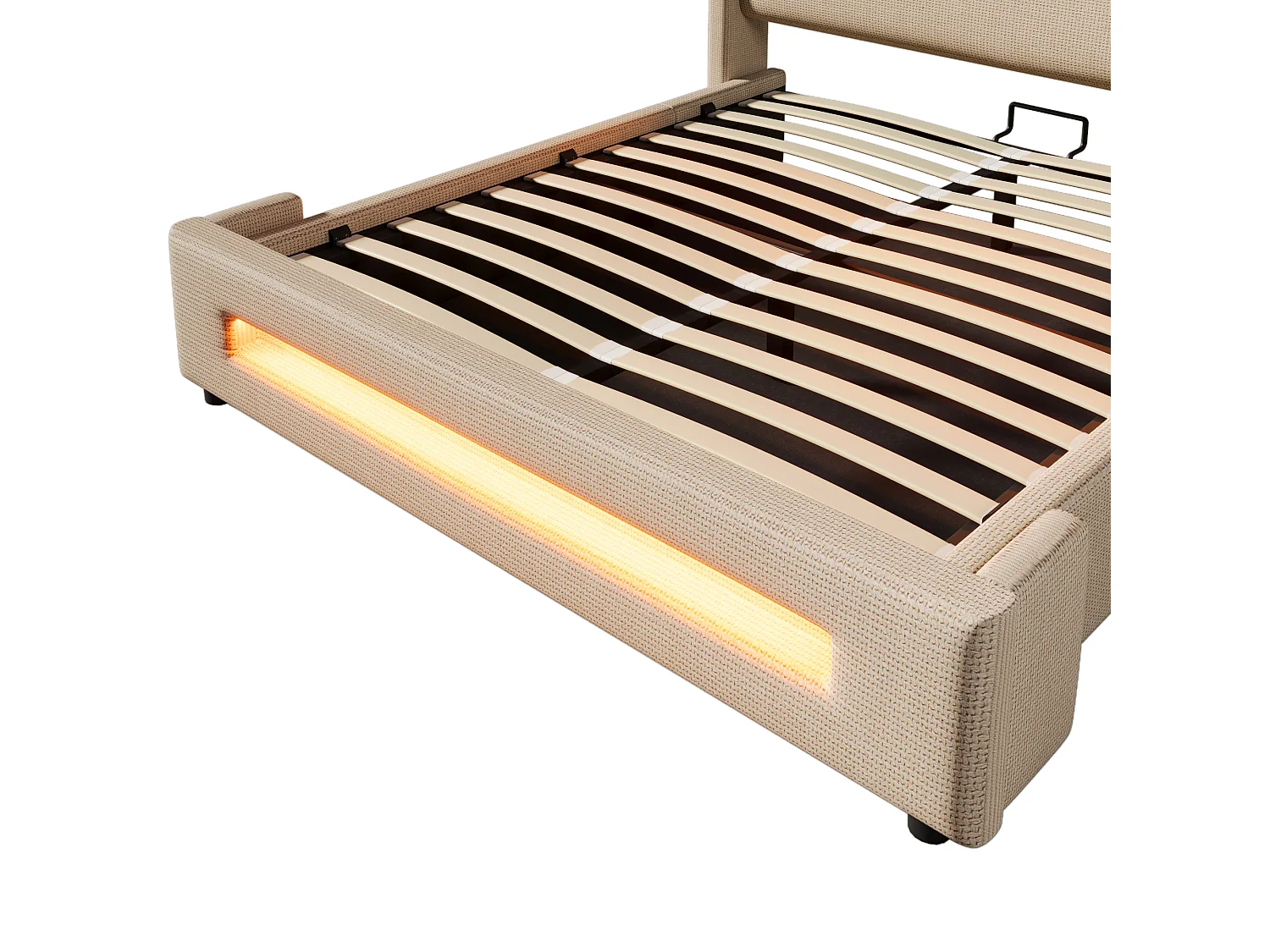 Lit coffre 140x200 cm avec rangement hydraulique, LED et ports USB Type C en lin beige (Sans matelas)
