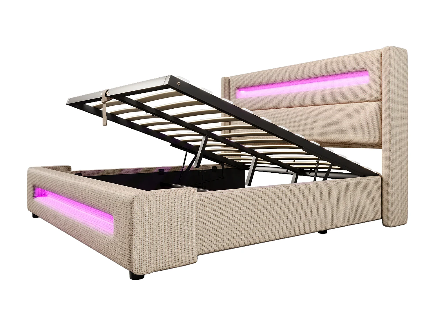 Lit coffre 140x200 cm avec rangement hydraulique, LED et ports USB Type C en lin beige (Sans matelas)