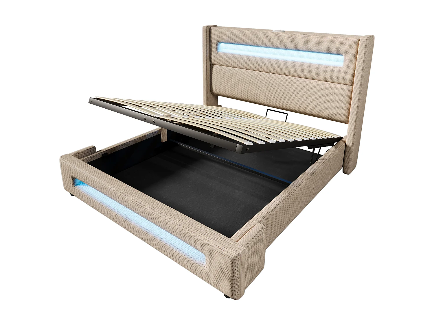 Lit coffre 140x200 cm avec rangement hydraulique, LED et ports USB Type C en lin beige (Sans matelas)