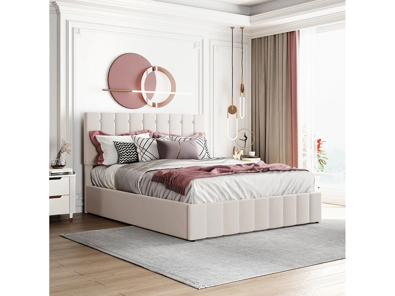 Lit coffre 140x200 cm, rangement hydraulique, tête de lit réglable, sommier à lattes en métal, velours blanc crème(Sans matelas)