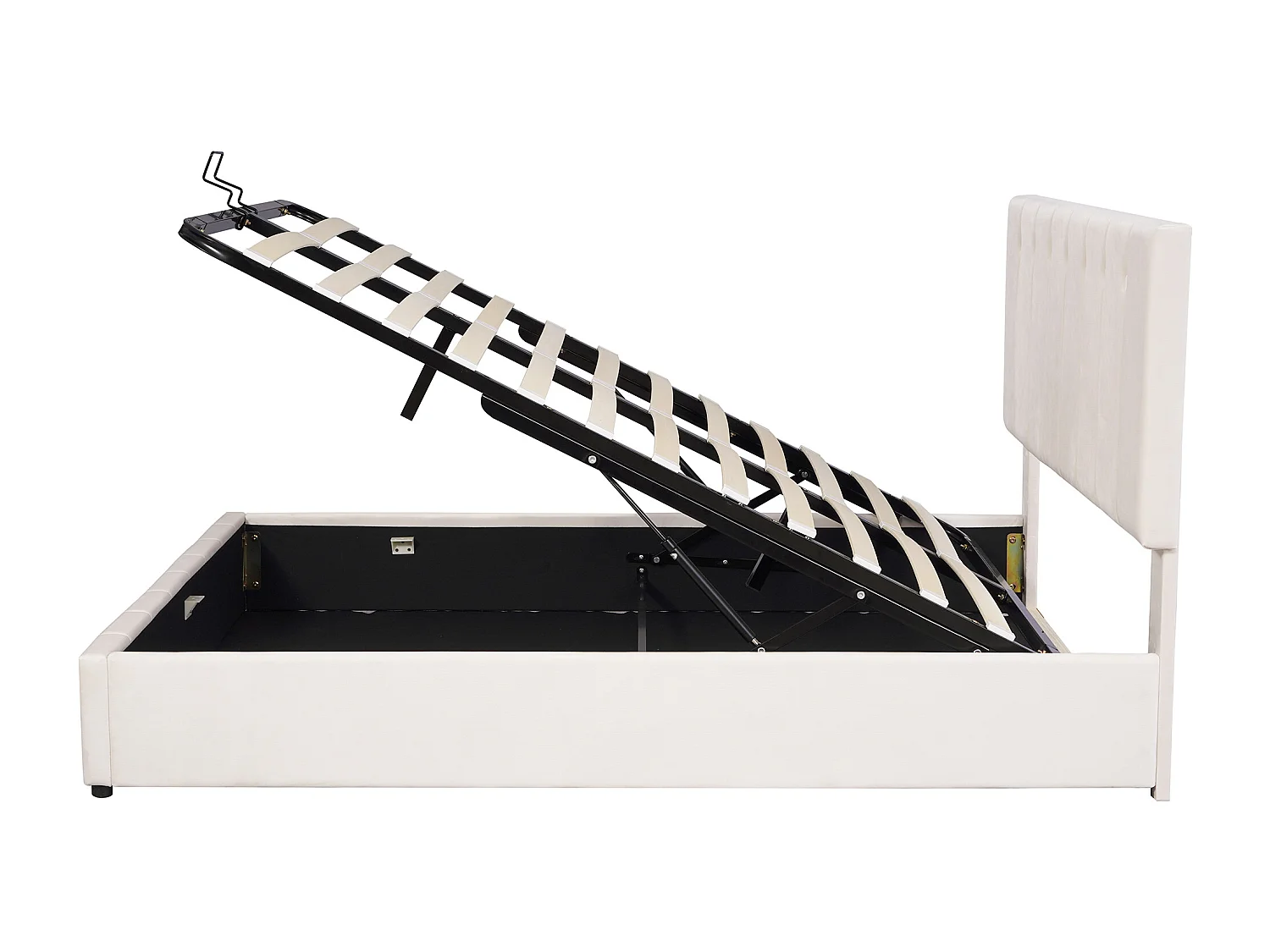 Lit coffre 140x200 cm, rangement hydraulique, tête de lit réglable, sommier à lattes en métal, velours blanc crème(Sans matelas)