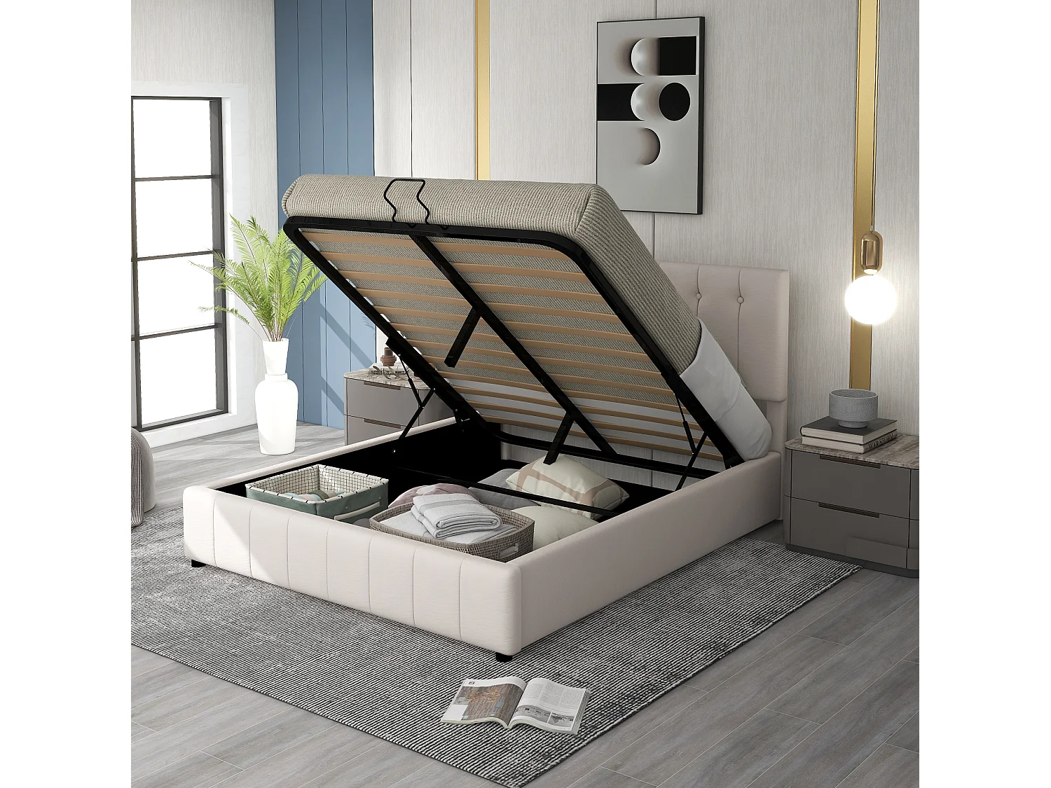 Lit coffre 140x200 cm, rangement hydraulique, tête de lit réglable, sommier à lattes en métal, velours blanc crème(Sans matelas)