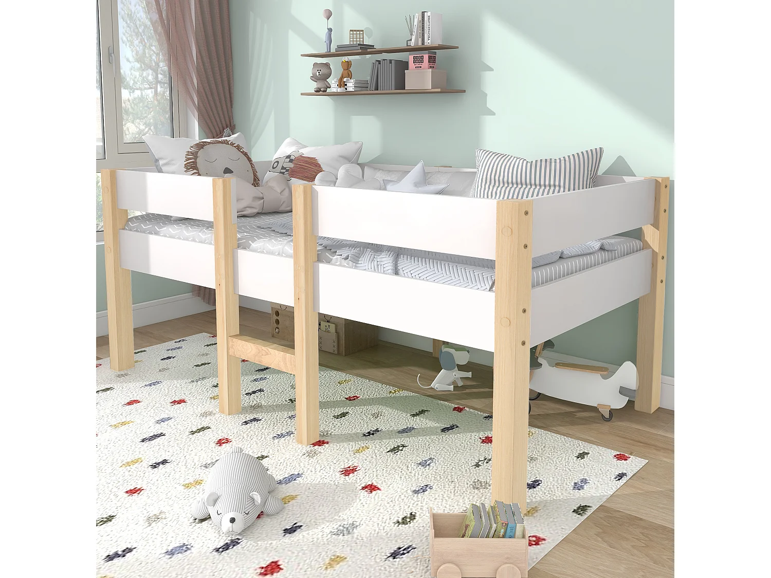 Lit enfant 90x200 cm avec barrière de sécurité et échelle, bois et MDF, blanc (Sans matelas)