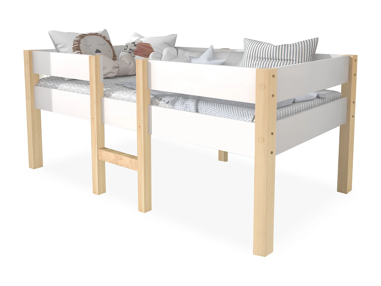 Lit enfant 90x200 cm avec barrière de sécurité et échelle, bois et MDF, blanc (Sans matelas)