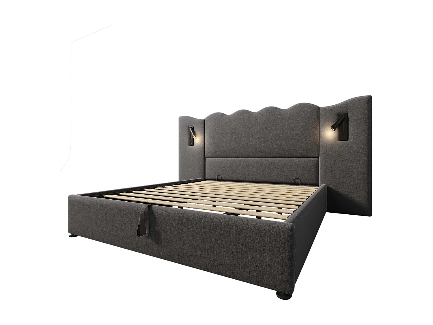 Lit coffre 180x200 cm avec lampe de lecture orientable et ports USB Type C, rangement hydraulique, lin gris (Sans matelas)