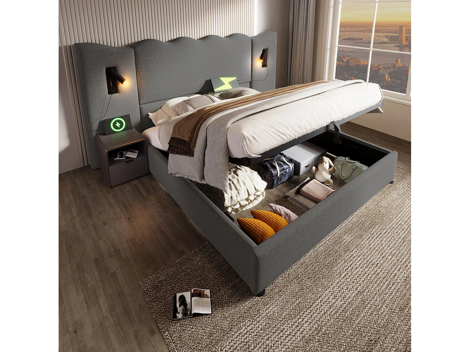 Lit coffre 180x200 cm avec lampe de lecture orientable et ports USB Type C, rangement hydraulique, lin gris (Sans matelas)