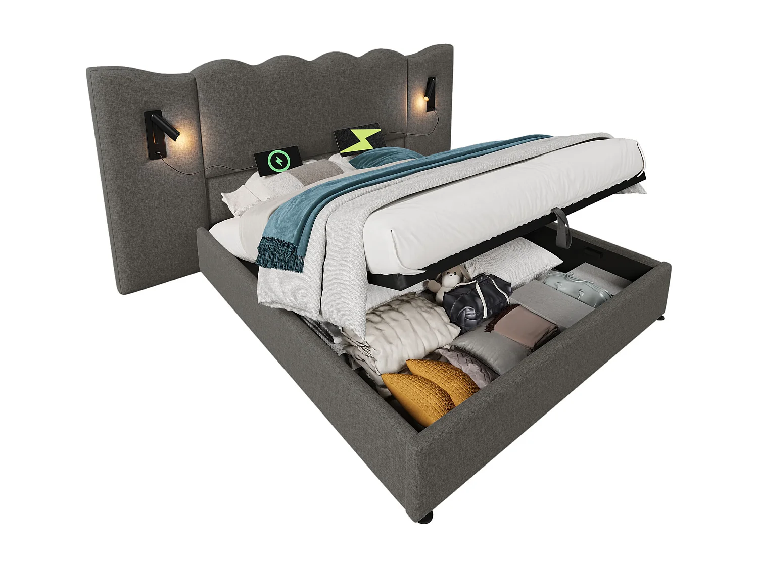 Lit coffre 180x200 cm avec lampe de lecture orientable et ports USB Type C, rangement hydraulique, lin gris (Sans matelas)