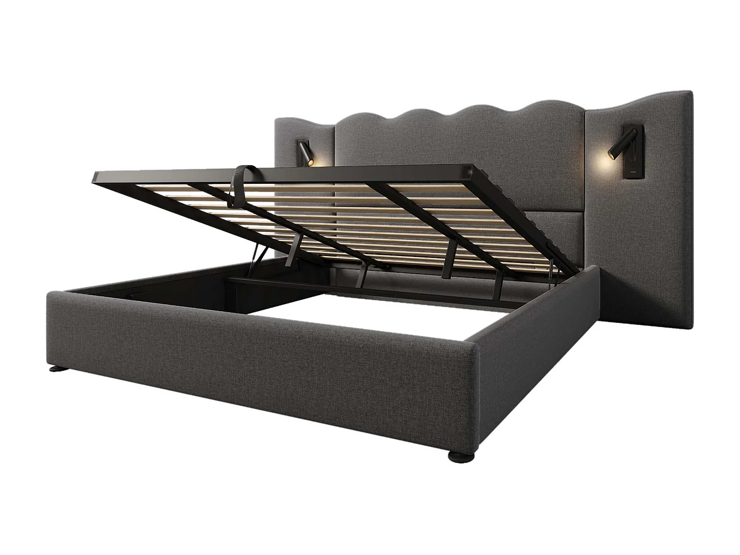 Lit coffre 180x200 cm avec lampe de lecture orientable et ports USB Type C, rangement hydraulique, lin gris (Sans matelas)
