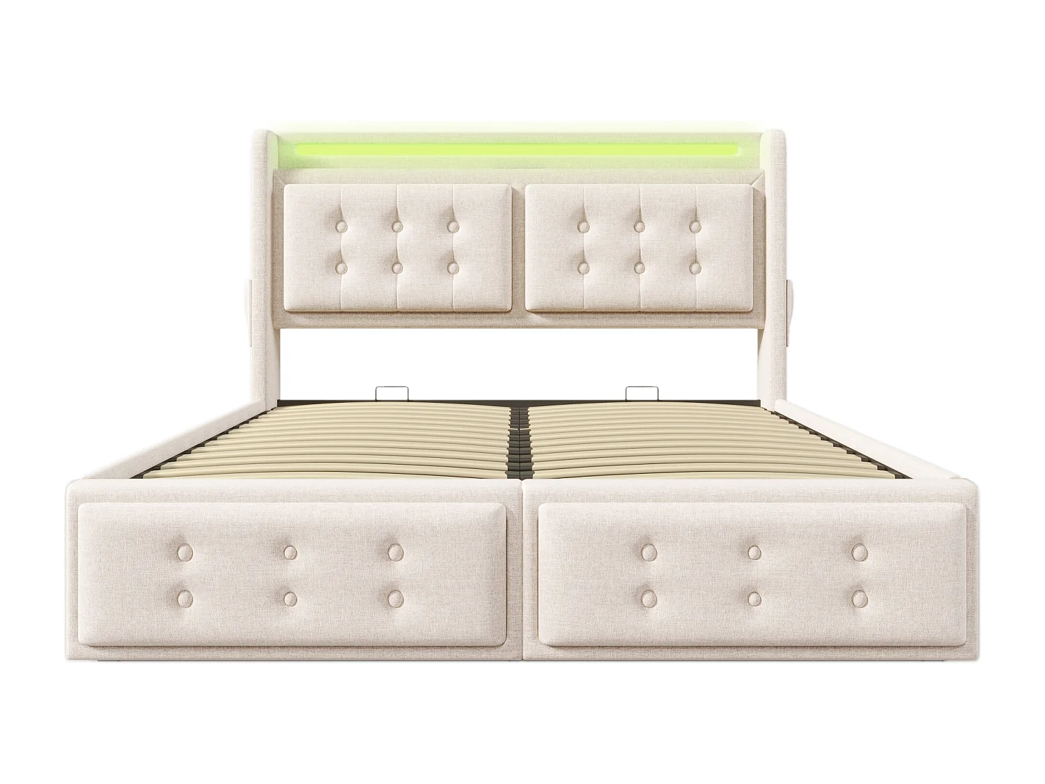 Lit coffre 160x200 cm, tête de lit avec prises et USB C, LED et rangement, coton lin beige (Sans matelas)