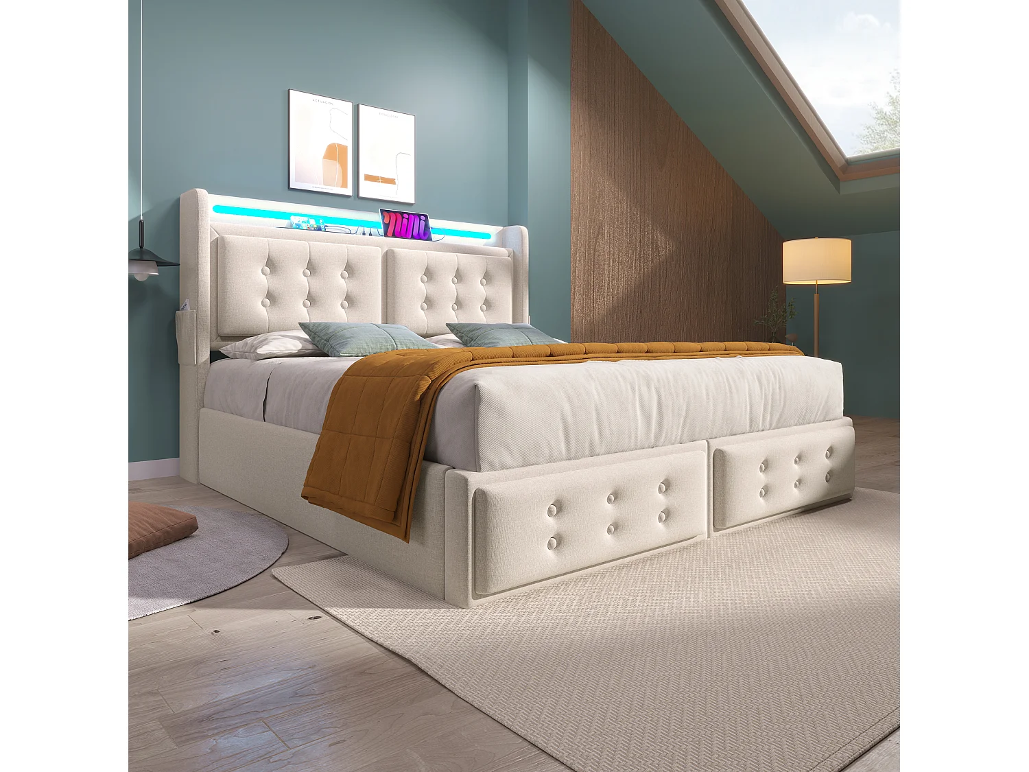 Lit coffre 160x200 cm, tête de lit avec prises et USB C, LED et rangement, coton lin beige (Sans matelas)