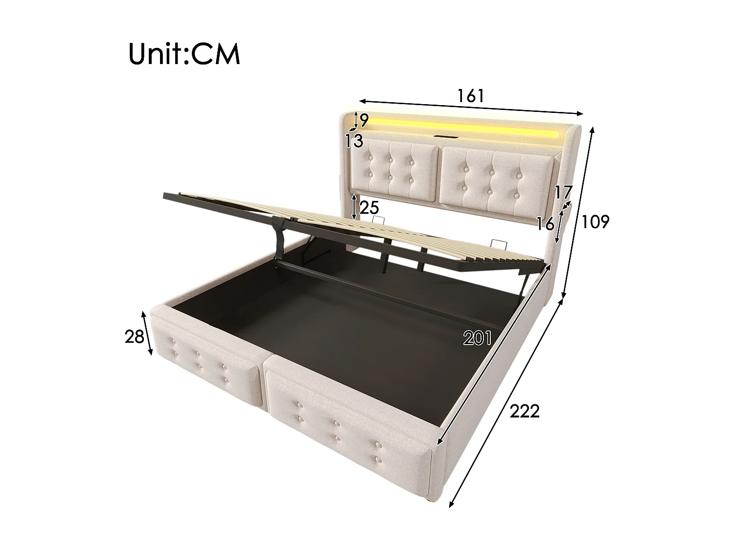 Lit coffre 160x200 cm, tête de lit avec prises et USB C, LED et rangement, coton lin beige (Sans matelas)