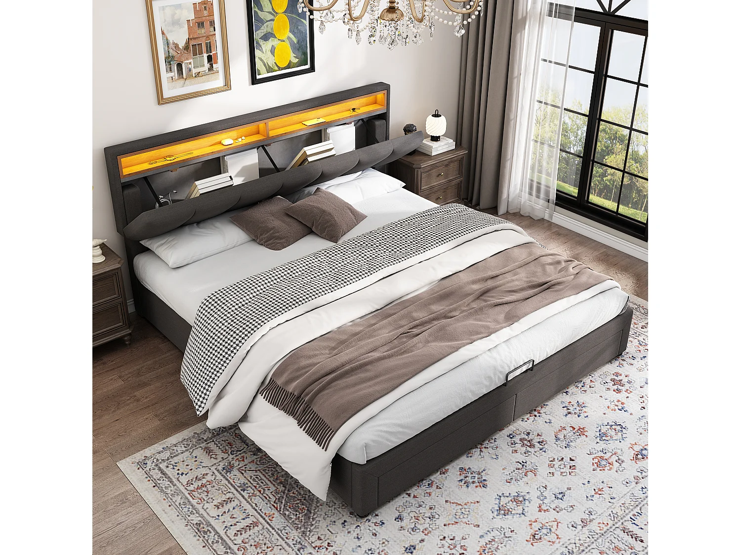 Lit coffre 180x200 cm avec LED, tête de lit rembourrée, sommier à lattes, acier gris foncé (Sans matelas)