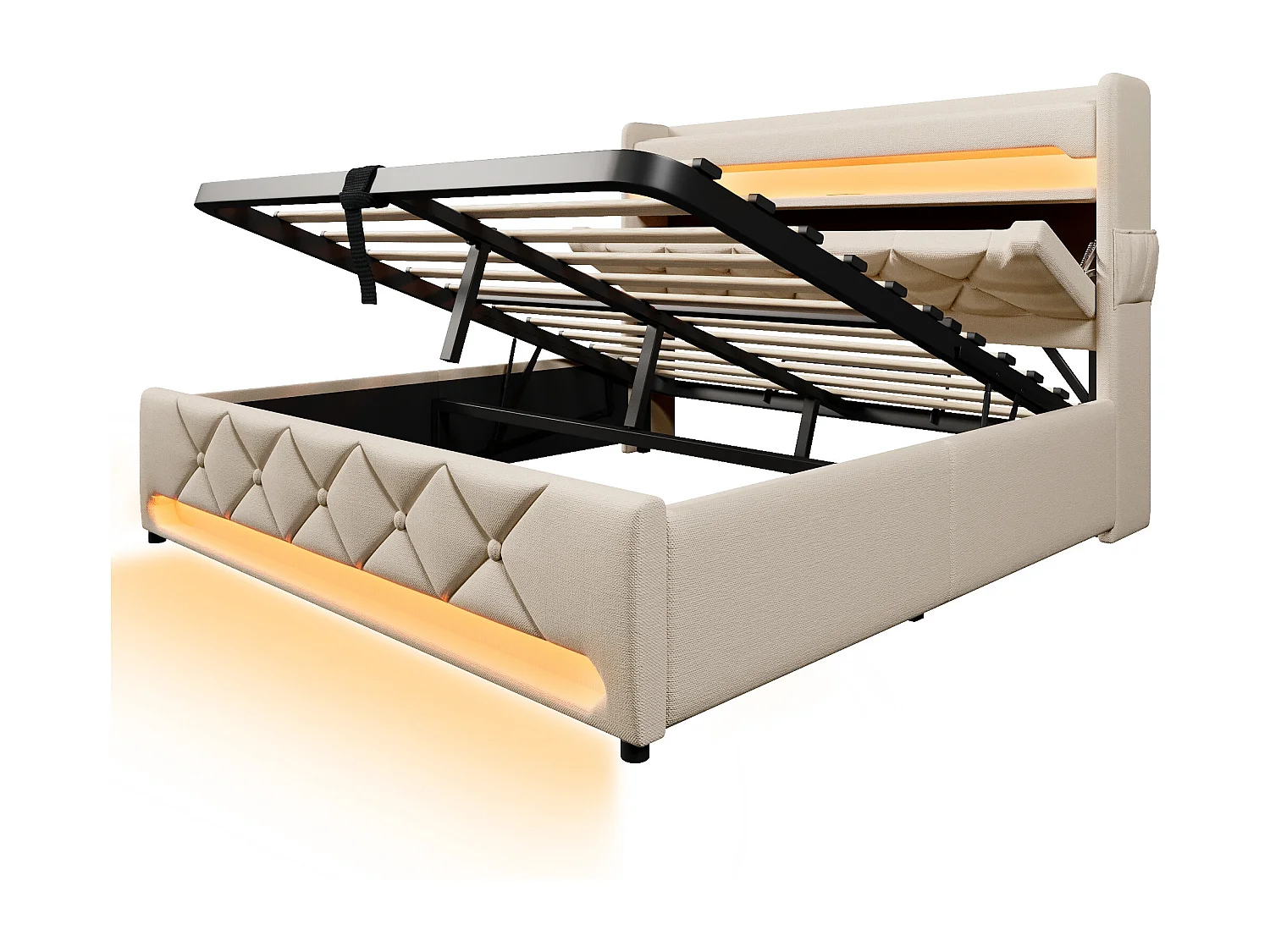 Lit coffre 140x200 cm avec matelas, avec rangement hydraulique et LED 360, lin beige (Avec matelas)