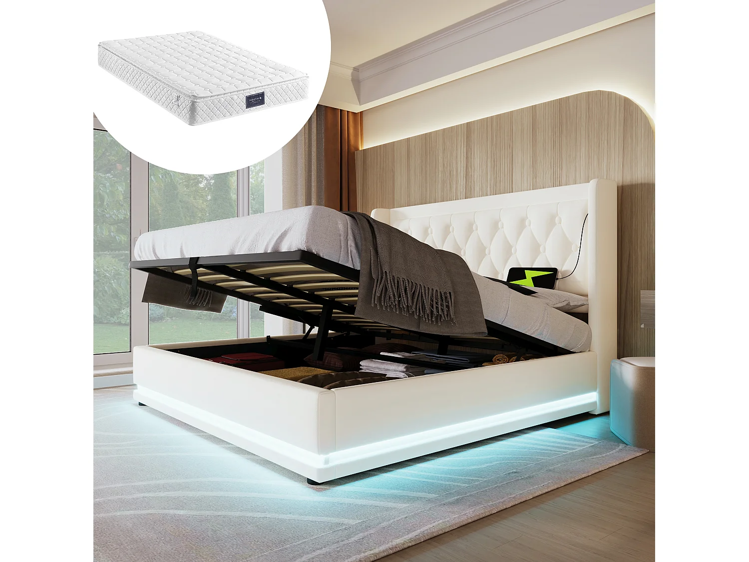 Lit Coffre 160x200cm avec LED USB Espace de rangement Matelas Sommier à lattes en bois en blanc pour adultes et enfants et adolescents