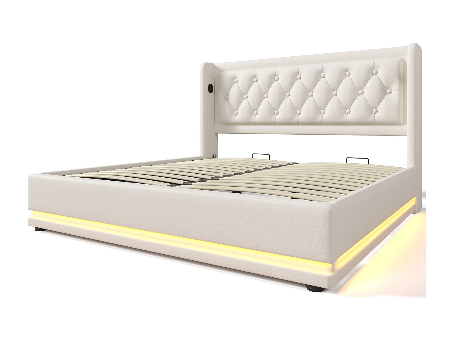 Lit coffre 160x200 cm avec LED 3 côtés, USB et USB C, tête de lit capitonnée, PU blanc (Avec matelas)