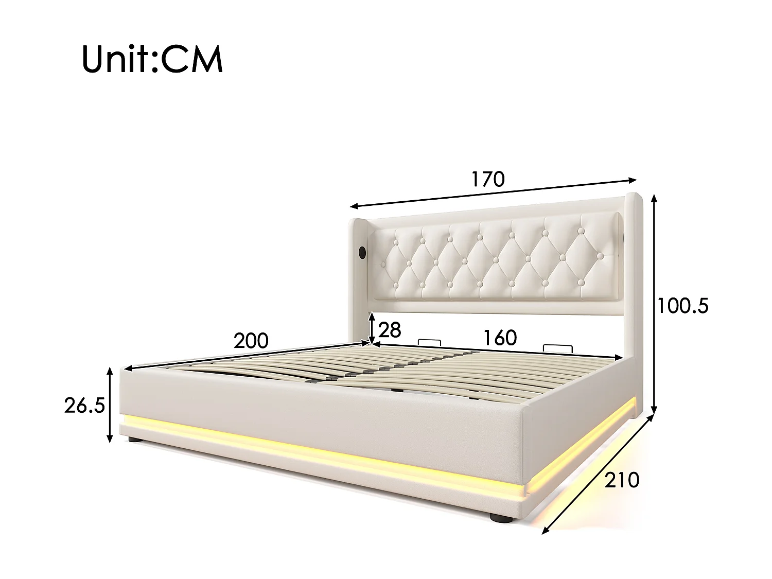 Lit coffre 160x200 cm avec LED 3 côtés, USB et USB C, tête de lit capitonnée, PU blanc (Avec matelas)