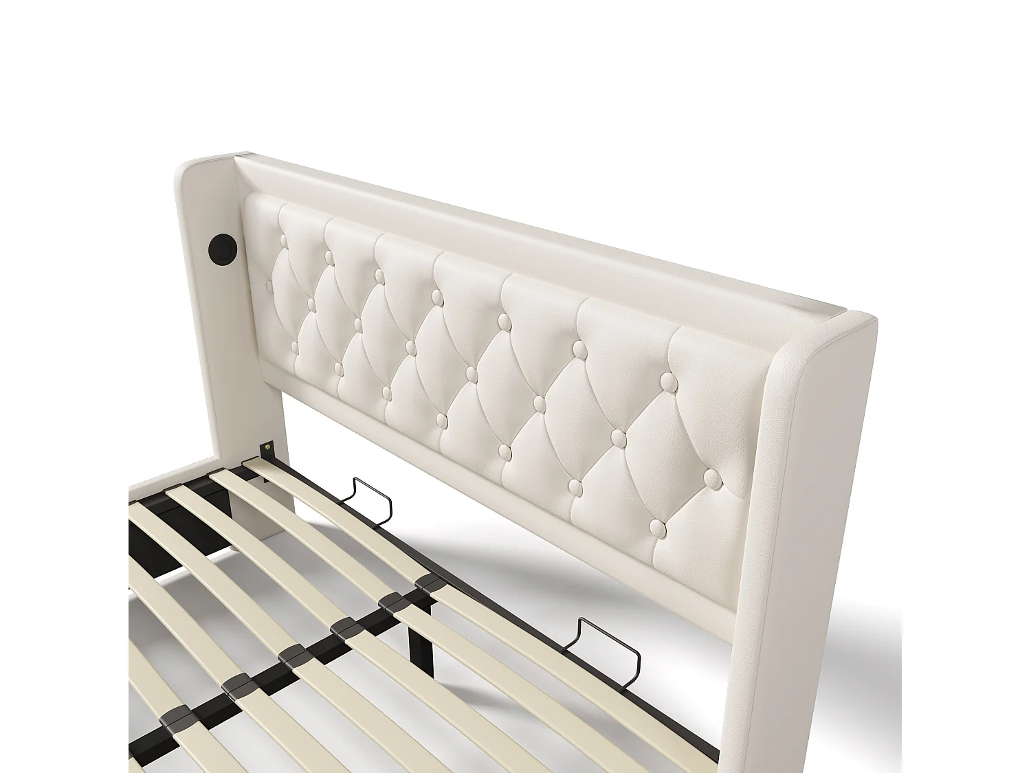 Lit coffre 160x200 cm avec LED 3 côtés, USB et USB C, tête de lit capitonnée, PU blanc (Avec matelas)