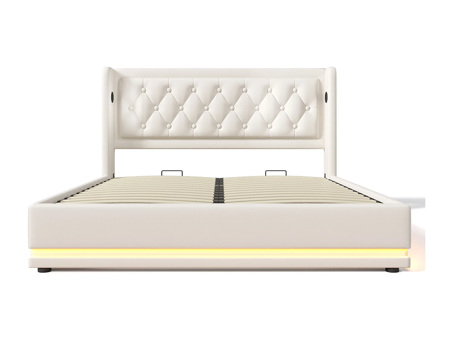 Lit coffre 160x200 cm avec LED 3 côtés, USB et USB C, tête de lit capitonnée, PU blanc (Avec matelas)