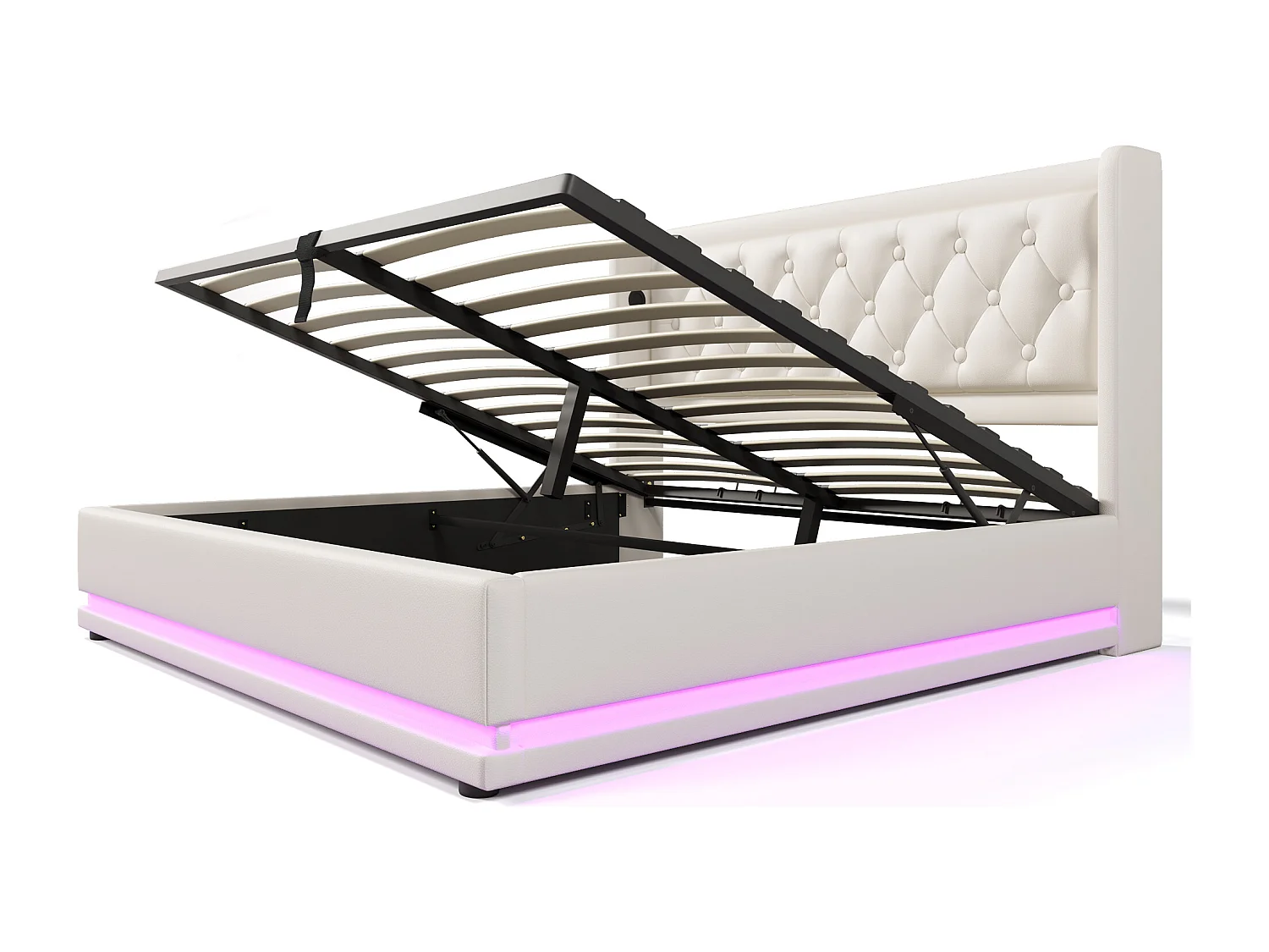 Lit coffre 160x200 cm avec LED 3 côtés, USB et USB C, tête de lit capitonnée, PU blanc (Avec matelas)