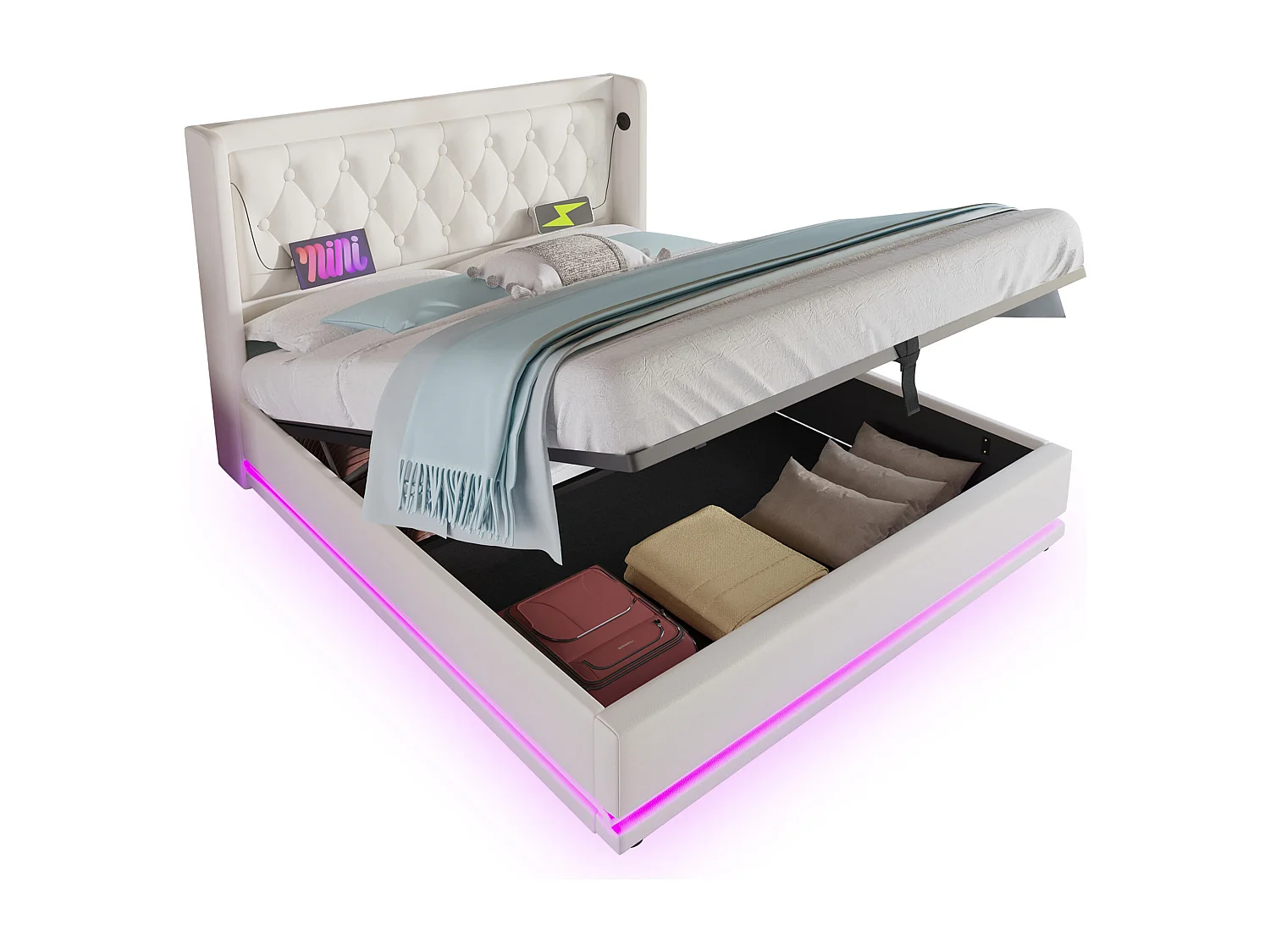 Lit coffre 160x200 cm avec LED 3 côtés, USB et USB C, tête de lit capitonnée, PU blanc (Avec matelas)
