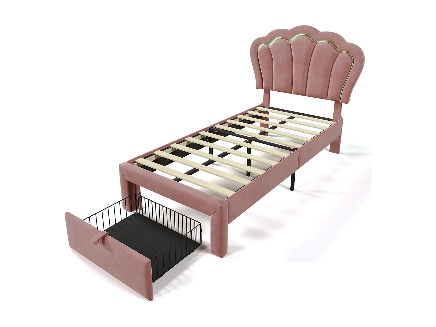 Lit enfant 90x200 cm avec LED RGB, tête de lit réglable, tiroir, velours rose (Sans matelas)