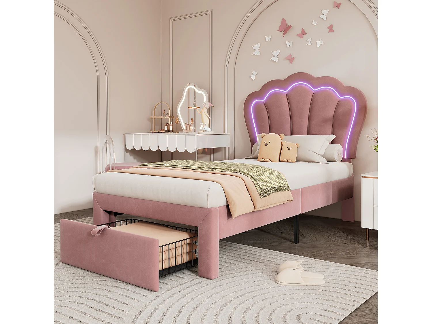 Lit enfant 90x200 cm avec LED RGB, tête de lit réglable, tiroir, velours rose (Sans matelas)
