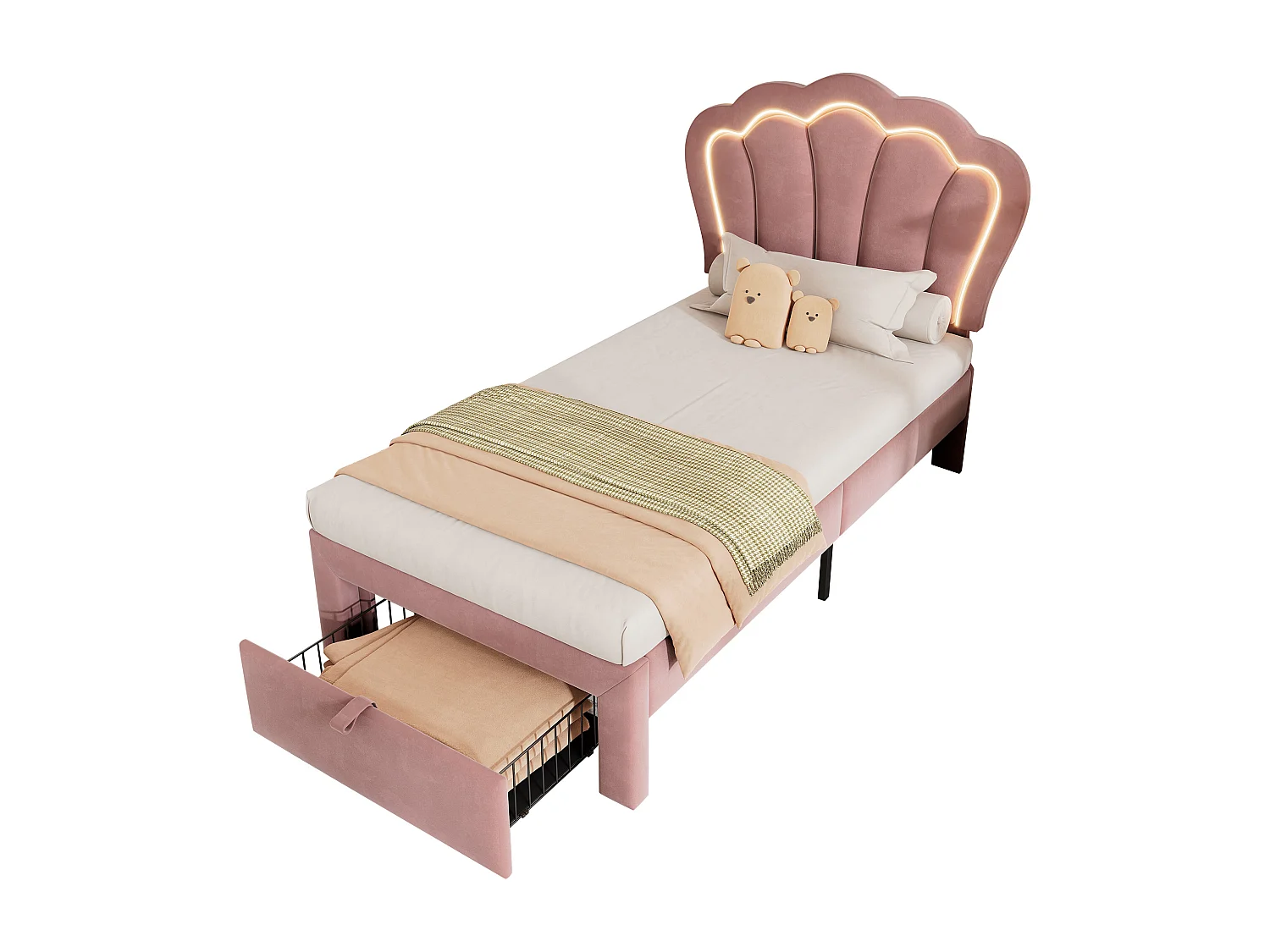 Lit enfant 90x200 cm avec LED RGB, tête de lit réglable, tiroir, velours rose (Sans matelas)