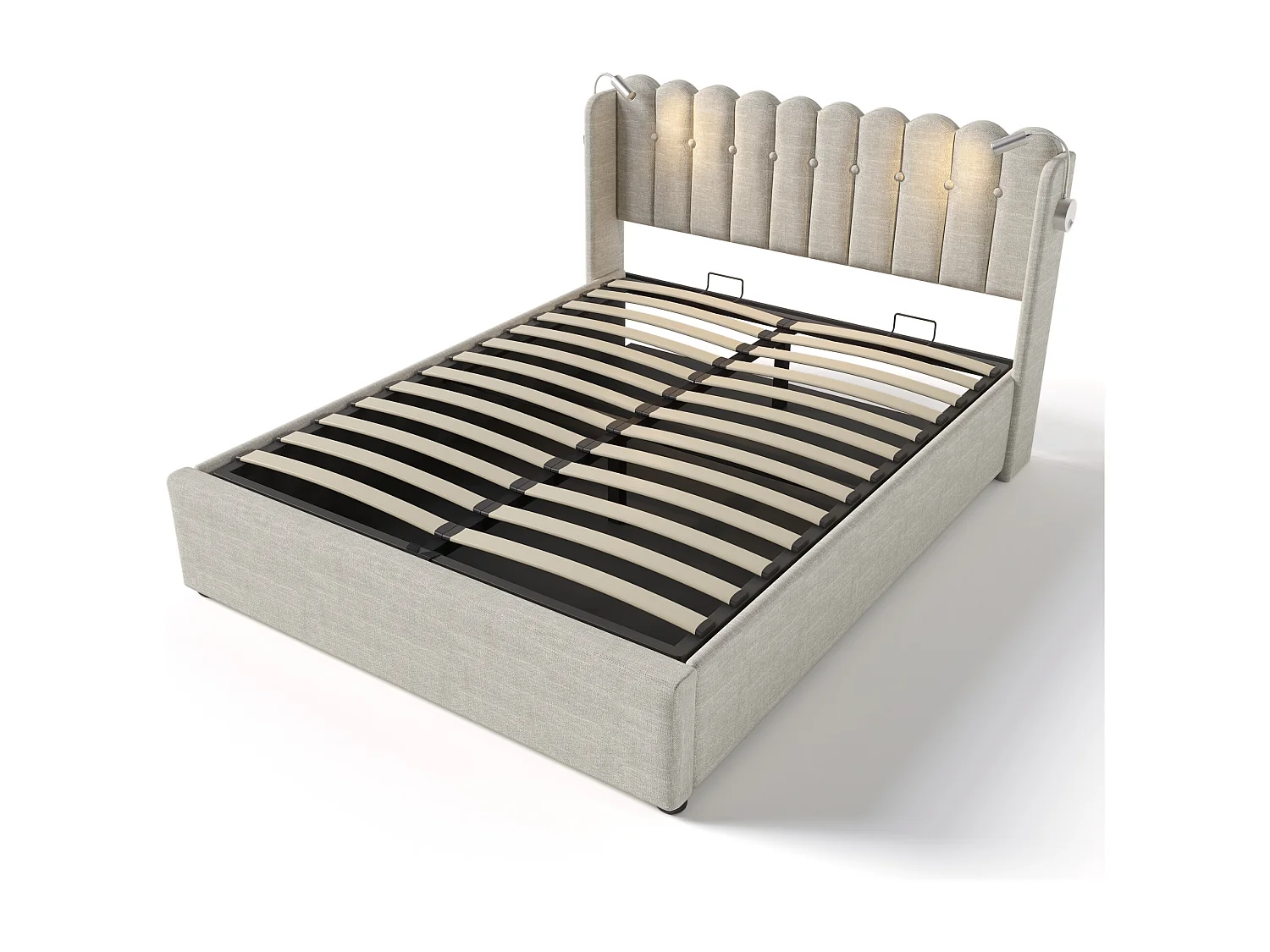 Lit coffre 140x200 cm avec liseuse et 2 USB, rangement, tissu lin beige (Avec matelas)