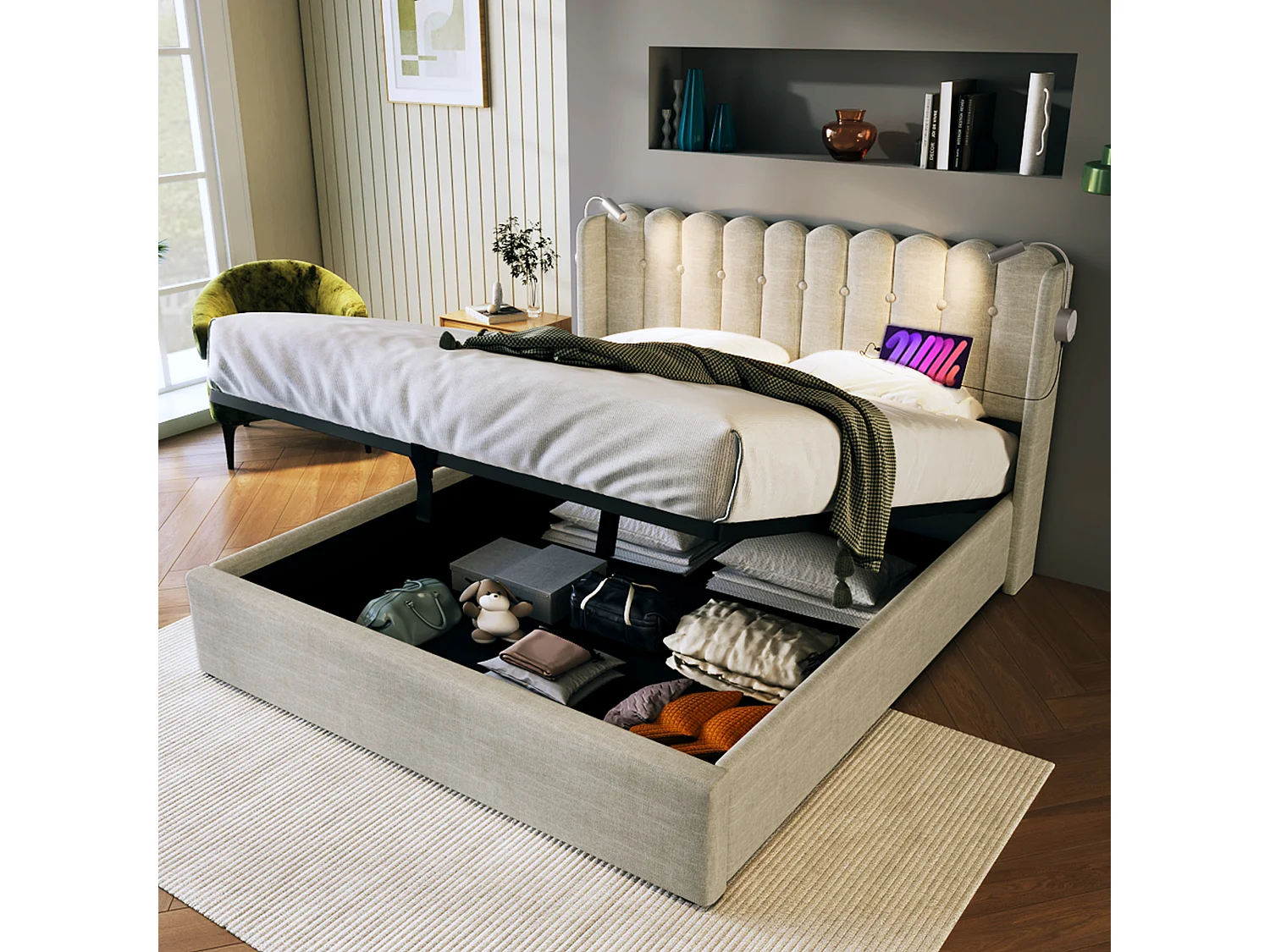 Lit coffre 140x200 cm avec liseuse et 2 USB, rangement, tissu lin beige (Avec matelas)