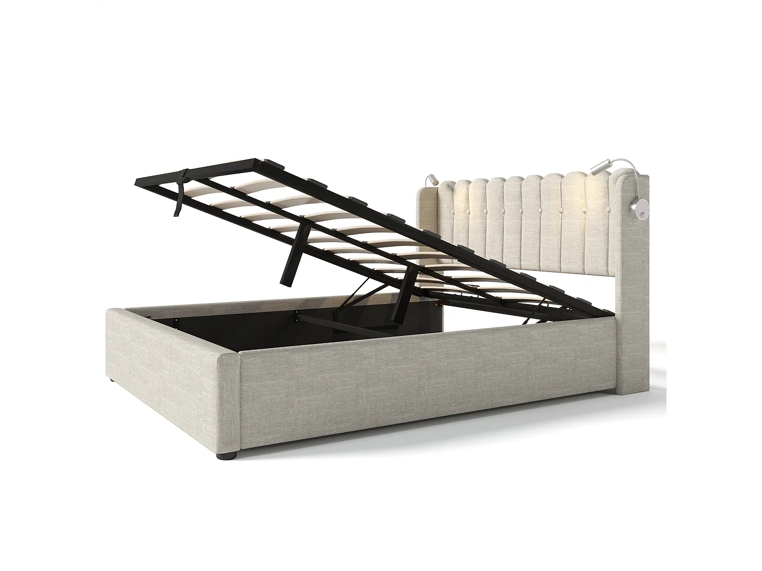 Lit coffre 140x200 cm avec liseuse et 2 USB, rangement, tissu lin beige (Avec matelas)