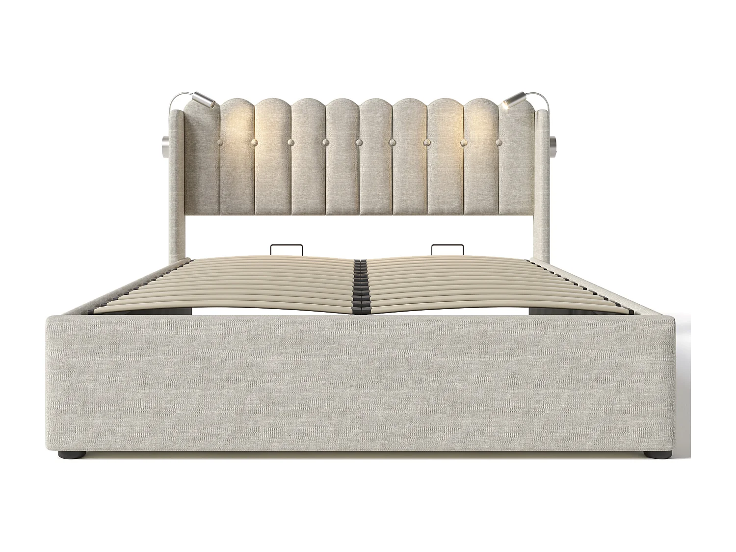 Lit coffre 140x200 cm avec liseuse et 2 USB, rangement, tissu lin beige (Avec matelas)