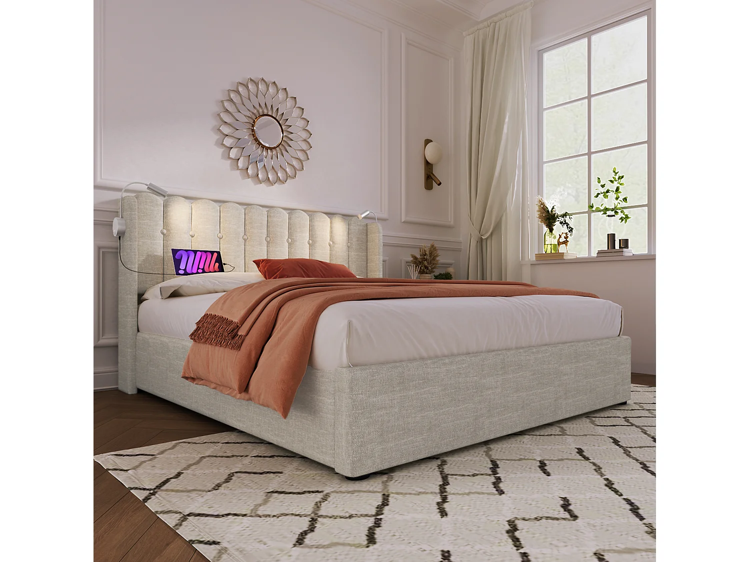 Lit coffre 140x200 cm avec liseuse et 2 USB, rangement, tissu lin beige (Avec matelas)