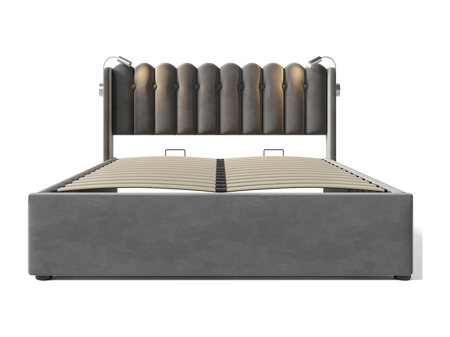 Lit coffre 160x200 cm avec liseuse et 2 USB, tête de lit design, velours gris (Avec matelas)