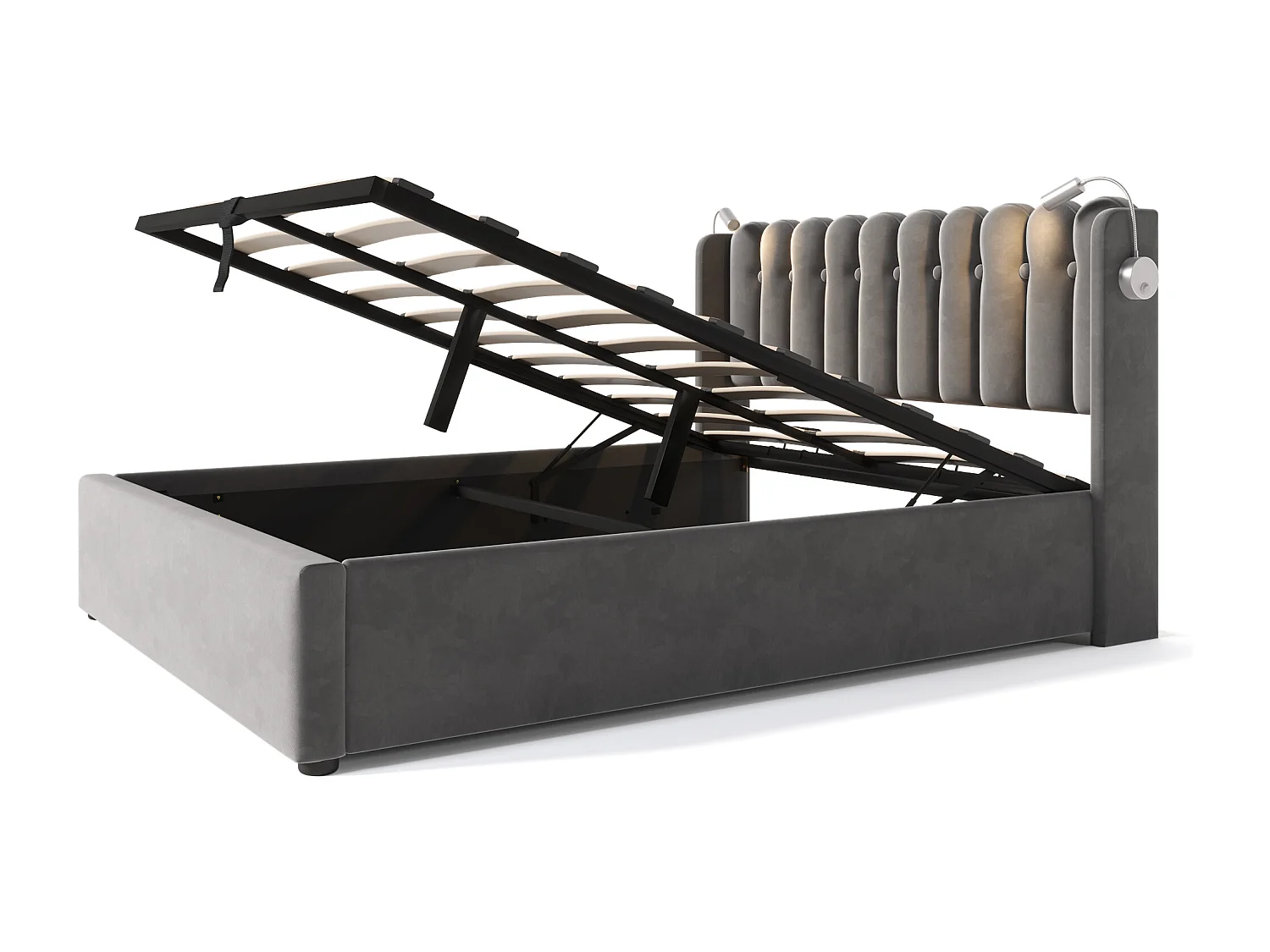 Lit coffre 160x200 cm avec liseuse et 2 USB, tête de lit design, velours gris (Avec matelas)