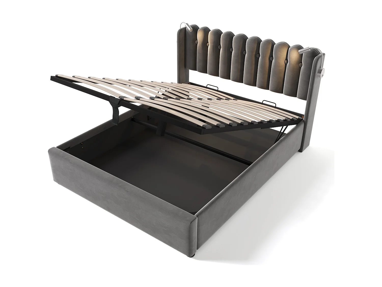 Lit coffre 160x200 cm avec liseuse et 2 USB, tête de lit design, velours gris (Avec matelas)