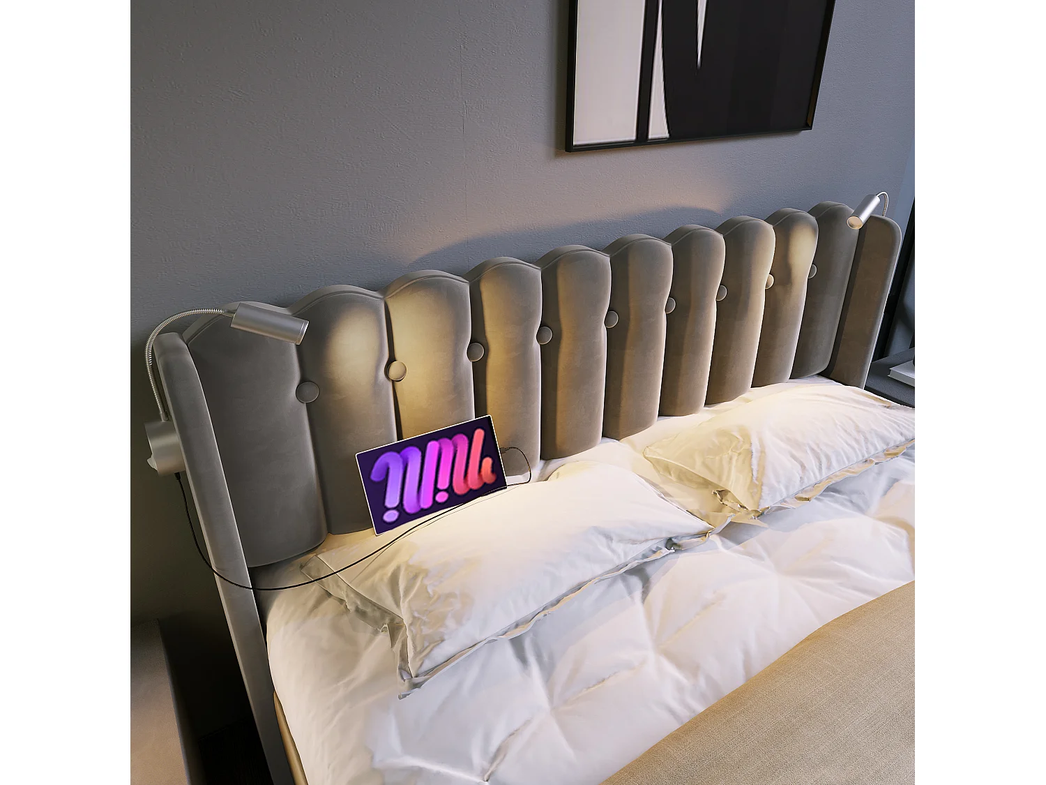 Lit coffre 160x200 cm avec liseuse et 2 USB, tête de lit design, velours gris (Avec matelas)
