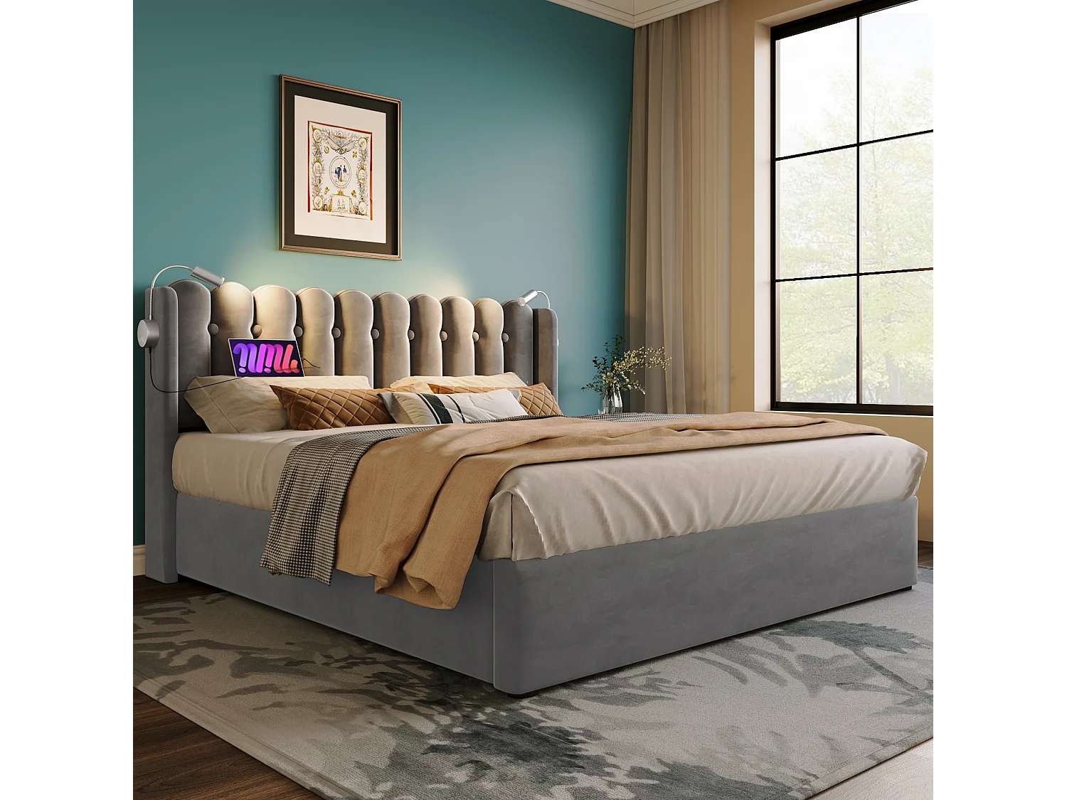 Lit coffre 160x200 cm avec liseuse et 2 USB, tête de lit design, velours gris (Avec matelas)