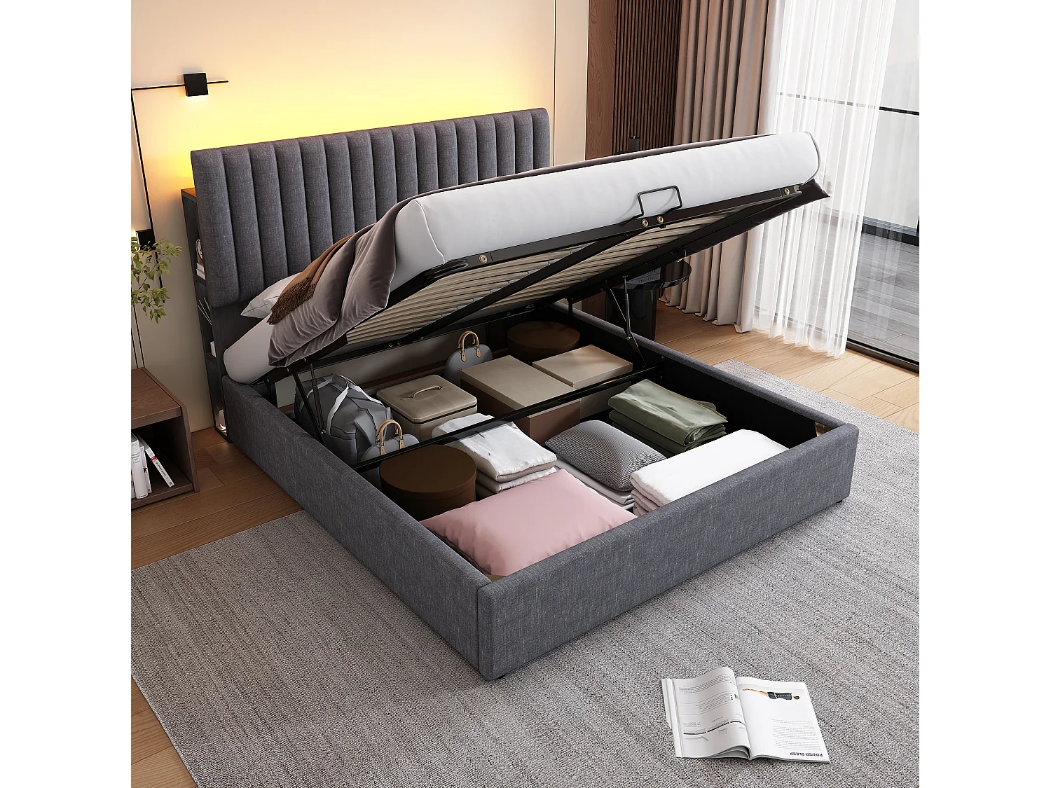 Lit coffre 160x200 cm avec LED contrôlée par application et USB Type C, tête de lit de rangement, en lin gris (Sans matelas)