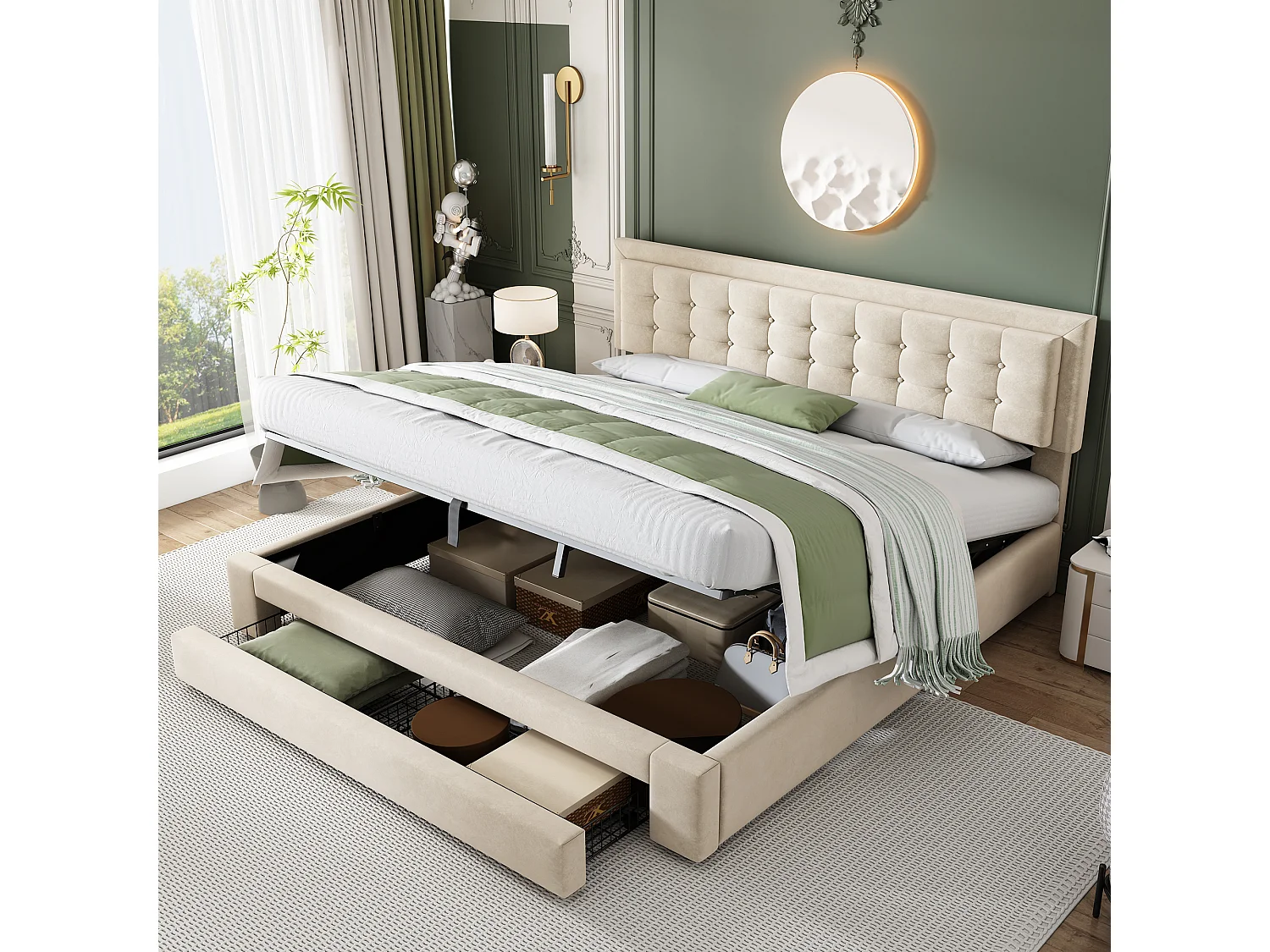 Lit coffre 180x200 cm avec tête de lit réglable et tiroirs de rangement en velours beige (Sans matelas)